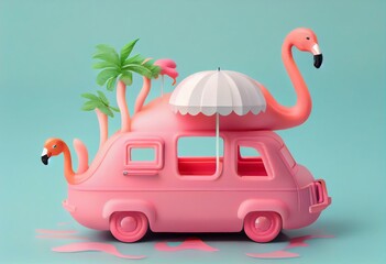 Pink Flamingo float, tropical bird shape inflatable swimming pool ring with luggage put on the car on pastel pink background 3d rendering. 3d illustration Summer and travel minimal. Generative AI