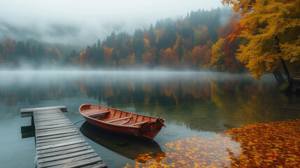 Foggy lake morning with solitary boat and autumnal reflections - obrazy, fototapety, plakaty