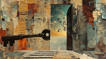 Key and music notes against old room with wooden floor. Surreal collage with torn paper.