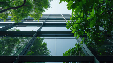Modern office building with green trees in the foreground. Concept of business and success