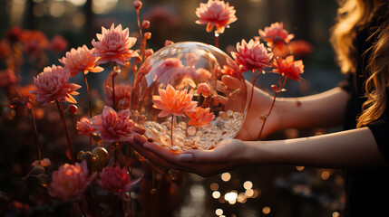 Orange flower in a glass aquarium underwater amidst marine life and coral reef ,Woman's hand holding crystal ball with pink dahlia flowers.