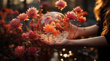 Papier Peint photo Lavable Récifs coralliens Orange flower in a glass aquarium underwater amidst marine life and coral reef ,Woman's hand holding crystal ball with pink dahlia flowers.