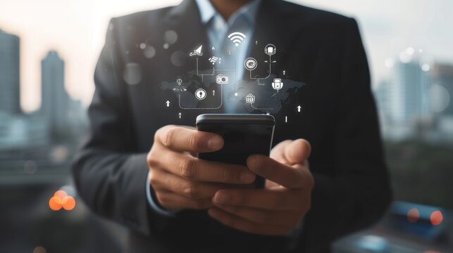 Businessman using smartphone with connection and internet services icons