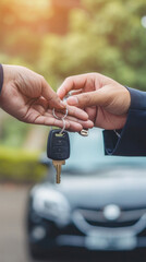 Real estate agent giving keys to young couple before buying a new car
