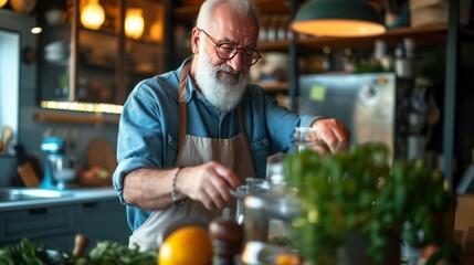 A senior man making a green smoothie in the modern kitchen at home. An elderly man preparing a smoothie in a contemporary home kitchen. Healthy lifestyle, active aging, and home cooking concept.