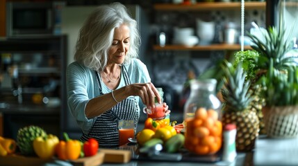 A senior lady blending fruits and vegetables for a refreshing smoothie in her stylish kitchen. Healthy lifestyle, active aging, and home cooking concept.