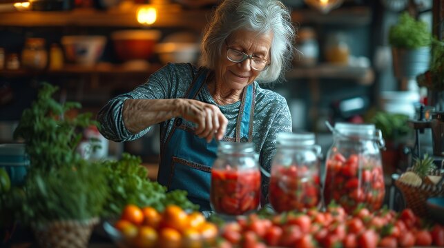 A senior lady enjoying the process of making a strawberry jam in the kitchen. Healthy lifestyle, active aging, and home cooking concept.