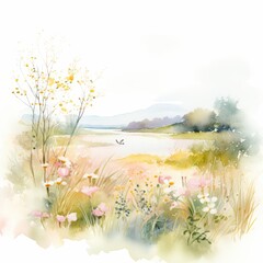 Obraz na płótnie Canvas A tranquil watercolor painting depicting a serene countryside scene, dotted with wildflowers and soft, pastel tones blending into the horizon. 