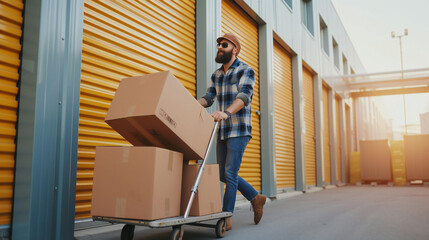 Handsome bearded man loading cart with cardboard boxes into self storage unit