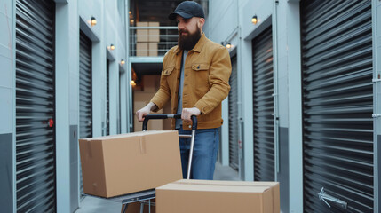 Handsome bearded man loading cart with cardboard boxes into self storage unit