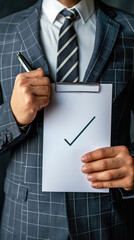 Close-up of a businessman holding a clipboard with a check mark