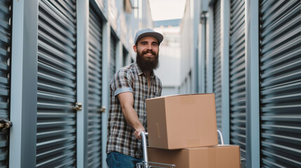 Handsome bearded man loading cart with cardboard boxes into self storage unit