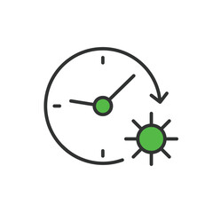 Sun times in line design green. Sun, times, solar, sunshine, sunlight, daylight, time, sunlight isolated on white background vector. Sun times editable stroke icon.