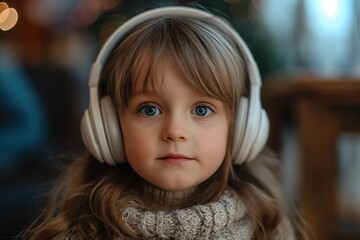 A young girl wearing headphones and a scarf, contemplating her weekend plans.