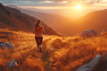Foto op Plexiglas A woman jogging up a remote, sunny, and majestic grassy hill at sunset. © Joaquin Corbalan