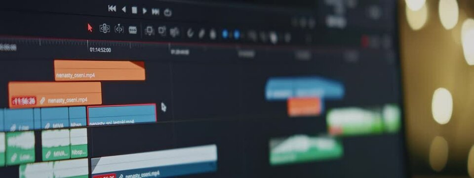 Timelapse video editing on a laptop. The editor creates a video clip on a computer, a time lapse. Interface of the installation program. Video maker's hands on the keyboard, editing a movie or clip