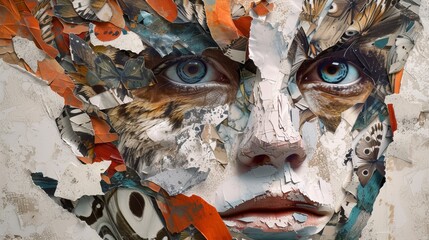 Beautiful girl with animal features. Eclectic torn paper collage.