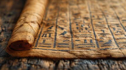 A piece of wood with ancient Egyptian hieroglyphs intricately carved on the surface.