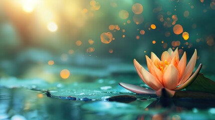 A water lily with a magical glow peacefully floats atop a body of cold blue-green water.