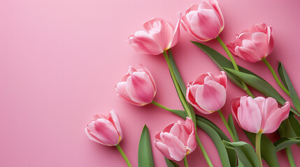 Obraz premium Spring flower composition with delicate pink tulips against a pastel pink background. Generative AI