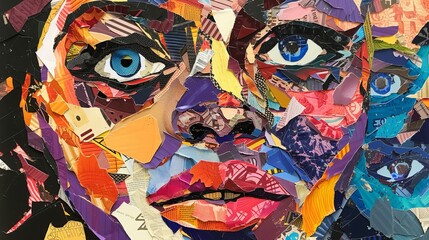 Colorful saturated portrait of cute girl. Fashionable ripped paper collage.