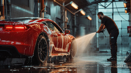 Car washing series : Worker washing red car with high pressure water jet - obrazy, fototapety, plakaty