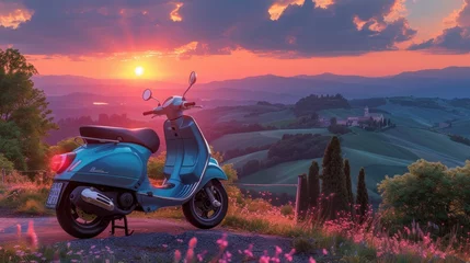 Poster Vintage Scooter Overlooking a Scenic Valley at Sunset © photolas