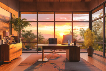 luxury home office, large windows and beautiful sunset