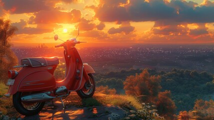 Vintage Scooter Overlooking a Scenic Valley at Sunset