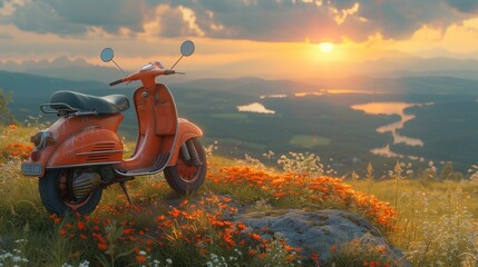 Vintage Scooter Overlooking a Scenic Valley at Sunset