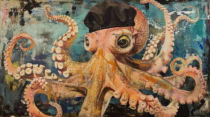 Octopus artist in beret. Fashionable ripped paper collage.