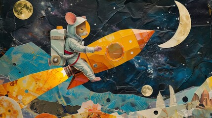 Astronaut mouse on rocket travels through space. Ripped paper collage.