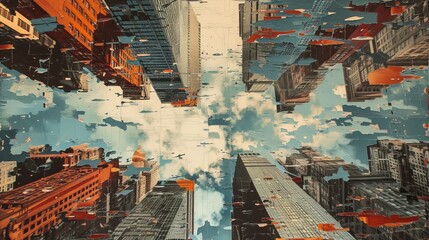 Fototapeta premium Megapolis view from below. Surreal collage with torn paper.