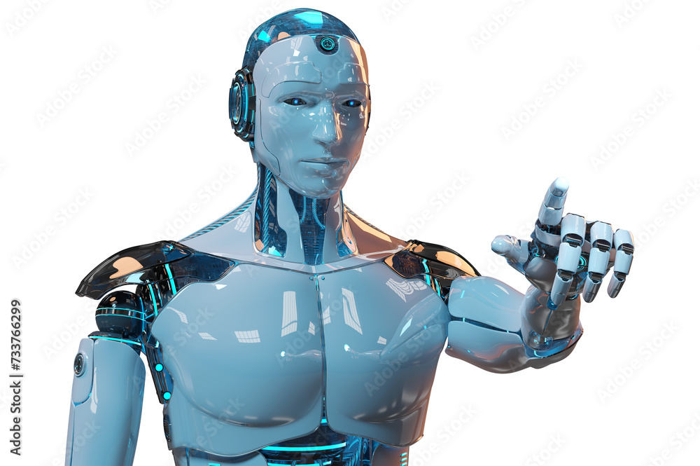 Poster isolated robot using artificial intelligence. futuristic cyborg pointing finger. 3d rendering white 