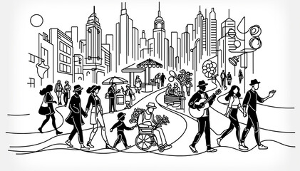 Line Art Stylized Black and White Illustration of Urban Street Life, featuring Pedestrians and Musicians against a Cityscape