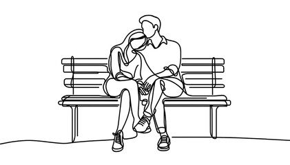 Simplistic Line Art of a Couple Sharing an Intimate Moment on a Park Bench, Embodying Love and Connection