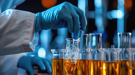 Scientist working in laboratory with test tubes, science research and development concept