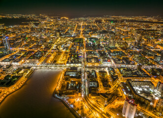 Yekaterinburg aerial panoramic view in Winter night. Ekaterinburg is the fourth largest city in...