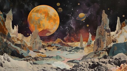 Extraterrestrial landscape. Eclectic ripped paper collage.