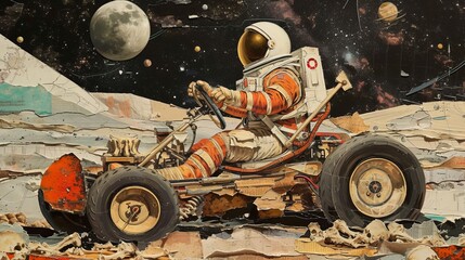 Cosmonaut rides rover in space. Grunge torn paper vintage collage.