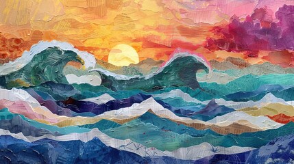 Colorful waves of the ocean. Torn paper collage.