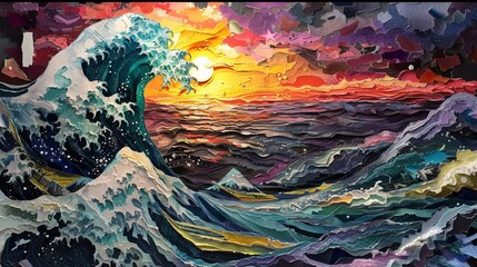 Colorful waves of the ocean. Trendy torn paper collage.