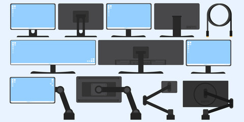 Monitor screen set, Ultra widescreen holder, Monitor screen handle, Desk mount, Front view and back view of monitor screen.