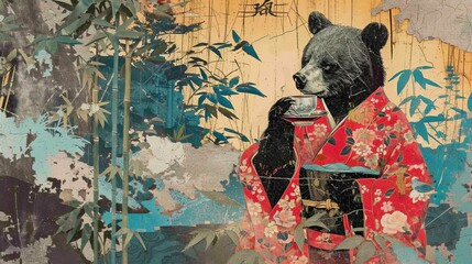 Bear in kimono drinking tea. Trendy torn paper collage.