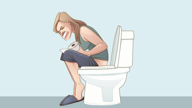 Bowel obstruction. Woman with health problems. Healthcare video. Cartoon.