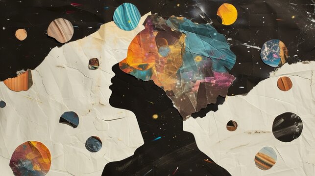 Abstract silhouette of black woman against a background of planets. Grunge torn paper vintage collage.