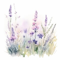 Soft watercolor illustration featuring a variety of delicate wildflowers, with a gentle wash of color suggesting a fresh, spring meadow.
