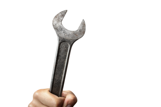 Large Wrench Tool Held by a Hand Isolated From Background
