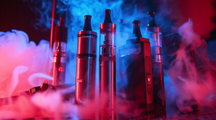 Synthetic nicotine concept. Various disposable electronic cigarettes. modern alternative smoking, vaping and nicotine