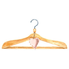 Wooden clothes hanger with fabric heart. Wood accessory for storing apparel in wardrobe. Storage rack of triangle shape. Hand drawn watercolor illustration isolated on white background. For design.
